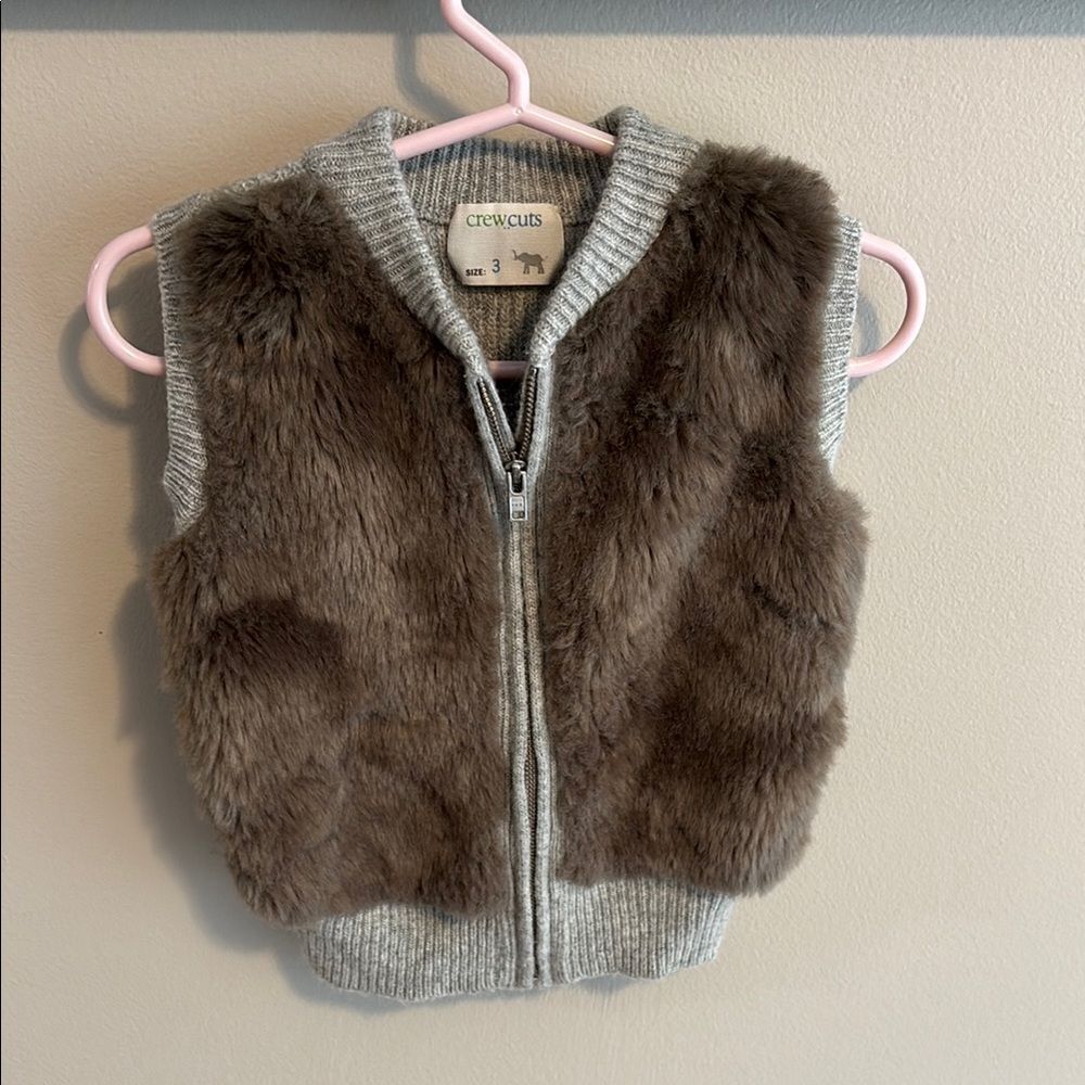 Crewcuts J Crew Girls Faux Fur Vest Sweater Back Size 3 Gray Brown Knit Zip Up